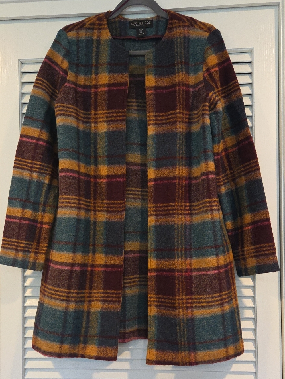 Rachel Zoe Plaid Open-Front Coat in Teal, Mustard & Burgundy